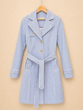TOMMY HILFIGER Trench Coat Belted Striped Spring Jacket Classic